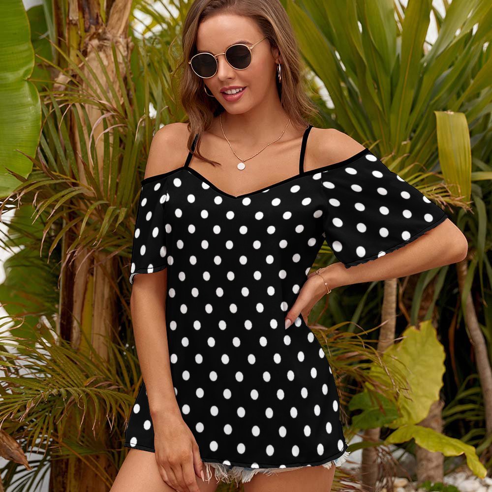 Black With White Polka Dots Women's Off-Shoulder Cold Shoulder Camisole Top