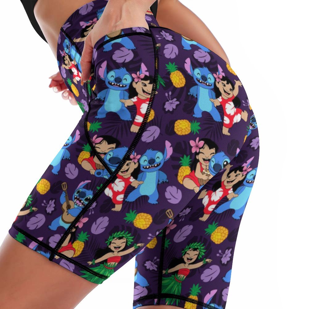 Disney Lilo And Stitch Island Friends Women's Knee Length Athletic Yoga Shorts With Pockets