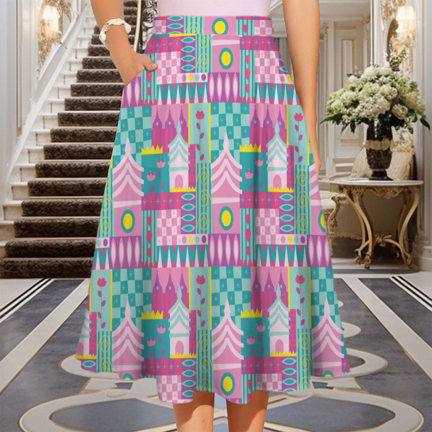 Small World Elastic Waist Midi Skirt With Pockets