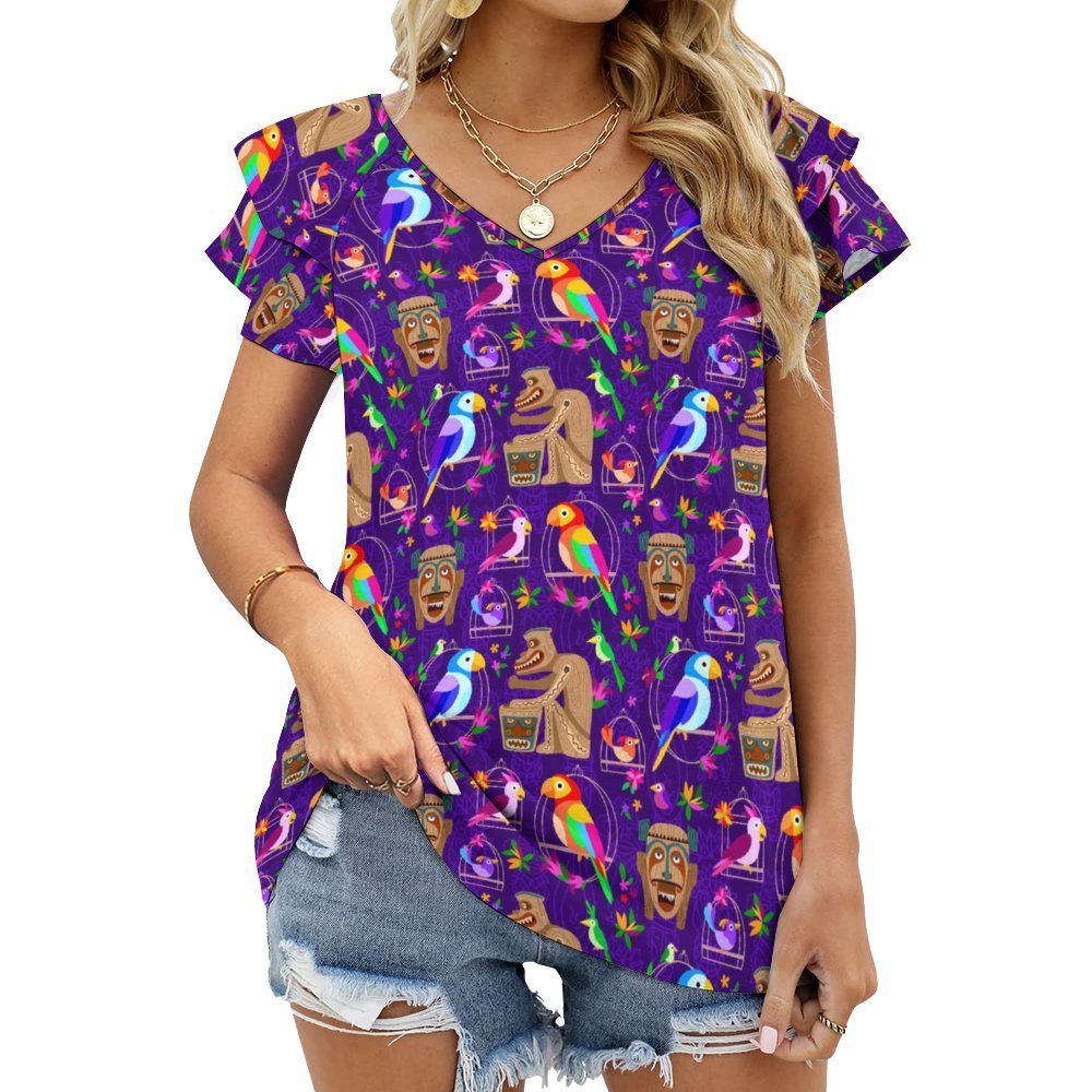 Tiki Plays The Drums Women's Ruffle Sleeve V-Neck T-Shirt