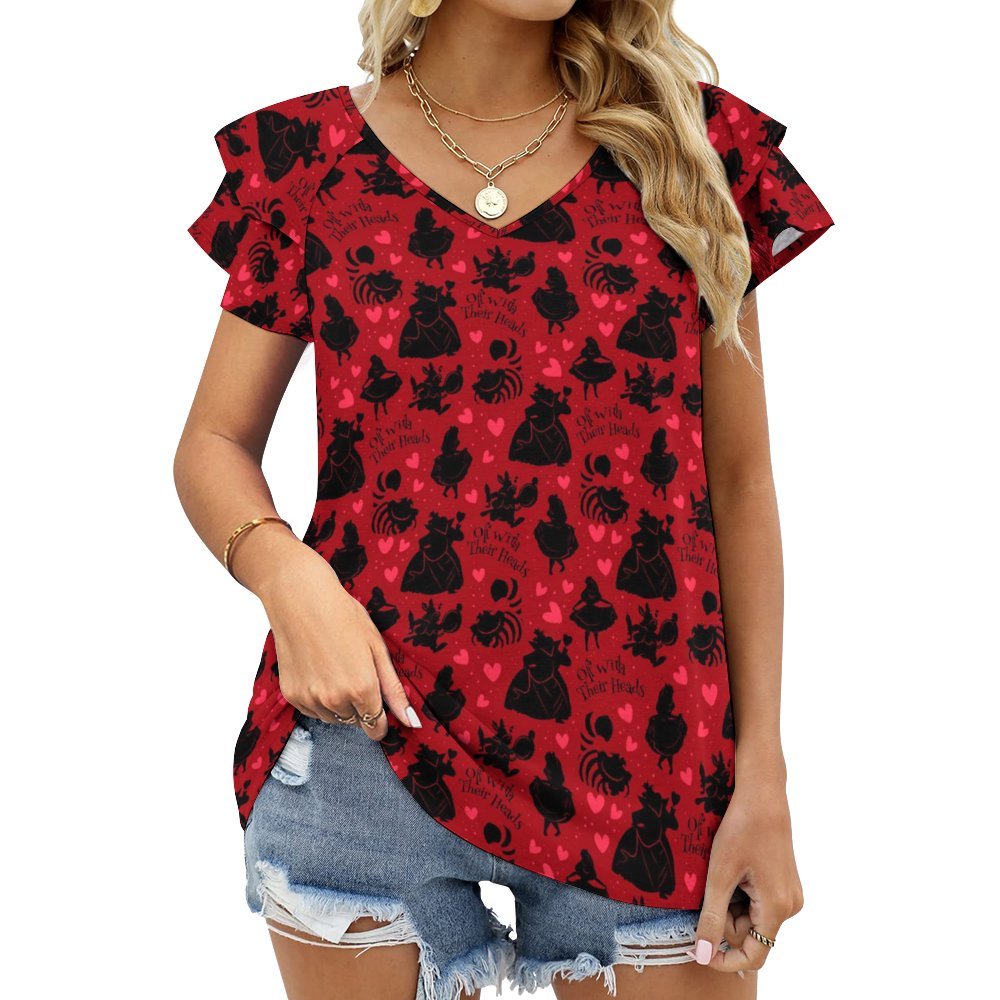 Disney Alice In Wonderland Queen Of Hearts Off With Their Heads Women's Ruffle Sleeve V-Neck T-Shirt