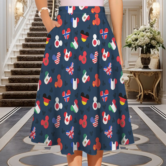 Mickey Flags Elastic Waist Midi Skirt With Pockets