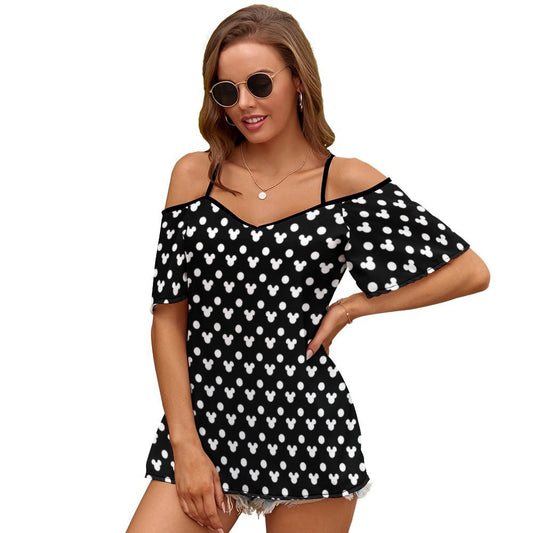 Black With White Mickey Polka Dots Women's Off-Shoulder Cold Shoulder Camisole Top