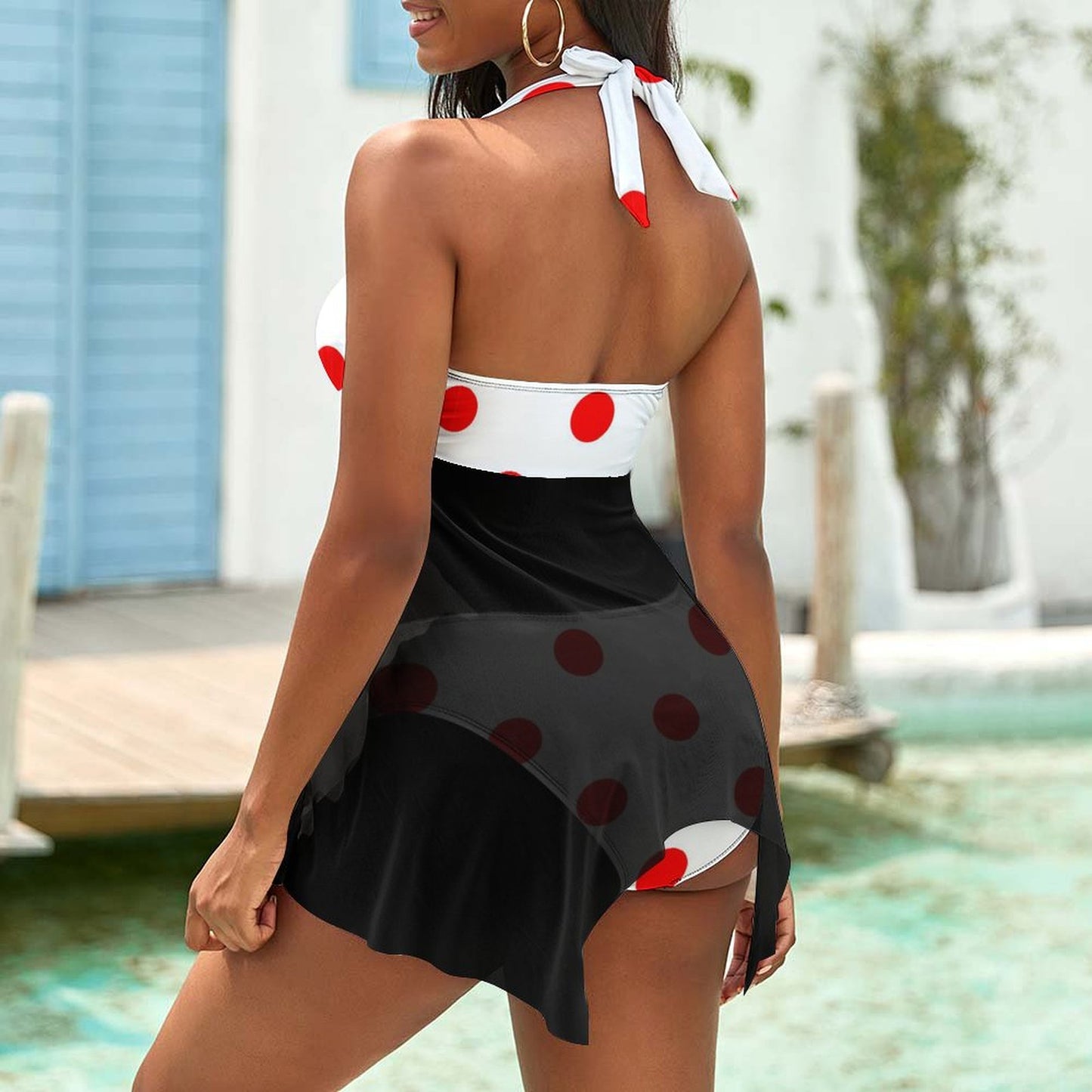 White With Red Polka Dots Women's Split Skirt Swimsuit