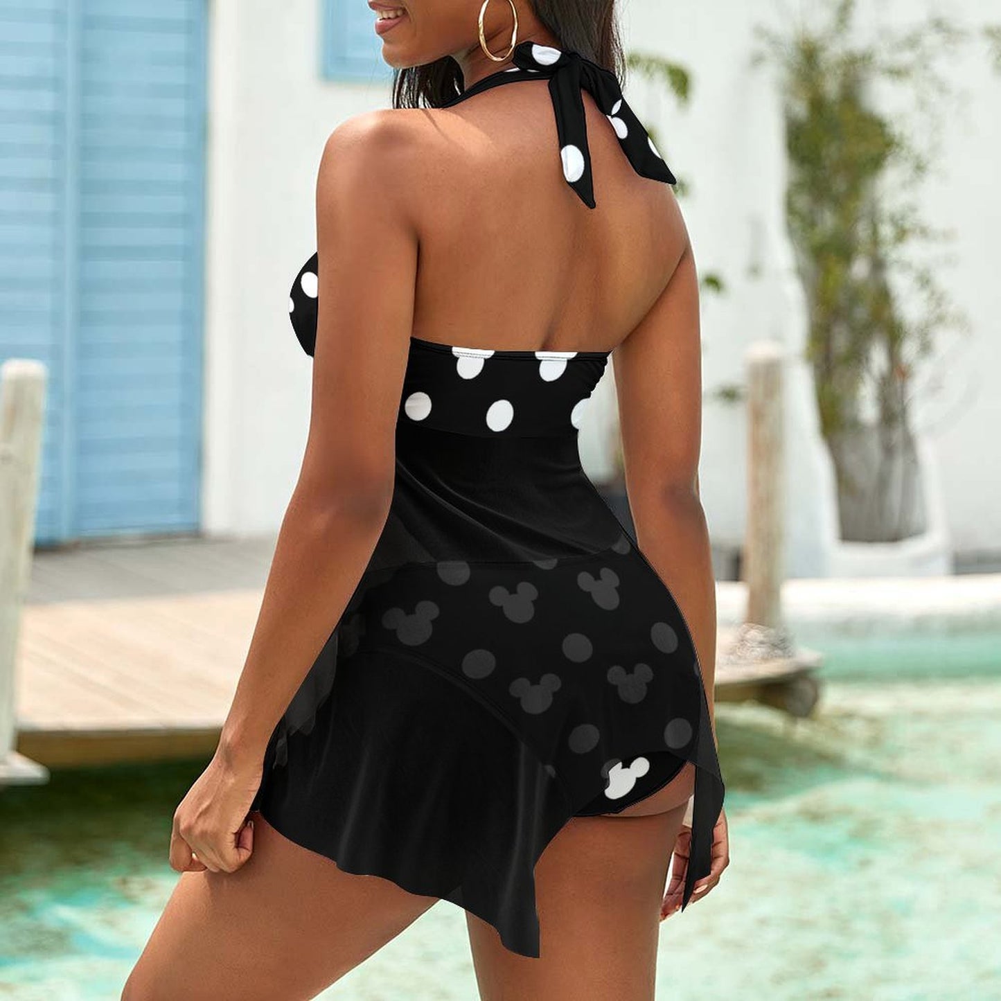 Black With White Mickey Polka Dots Women's Split Skirt Swimsuit