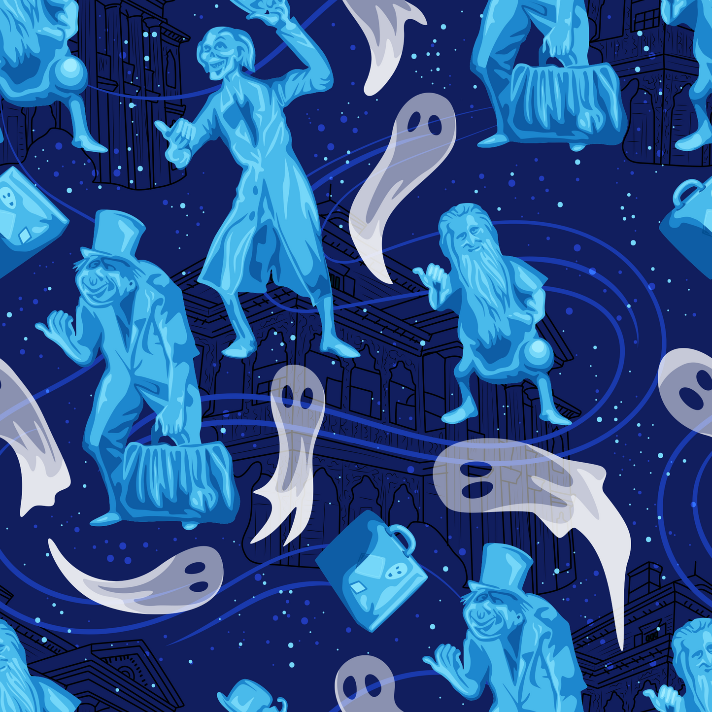 Haunted Mansion Hitchhiking Ghosts Seamless Pattern, Magical Cartoon Seamless pattern, Fabric Sublimation