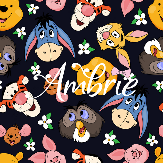 Hundred Acre Wood Friends Seamless Pattern, Magical Cartoon Seamless pattern, Fabric Sublimation
