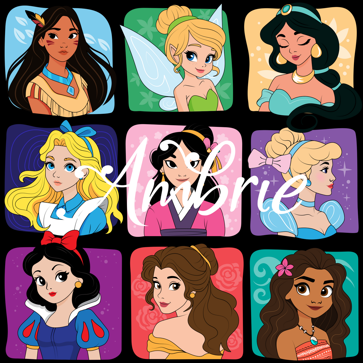 Princess Portraits Pattern, Magical Cartoon Seamless pattern, Fabric Sublimation