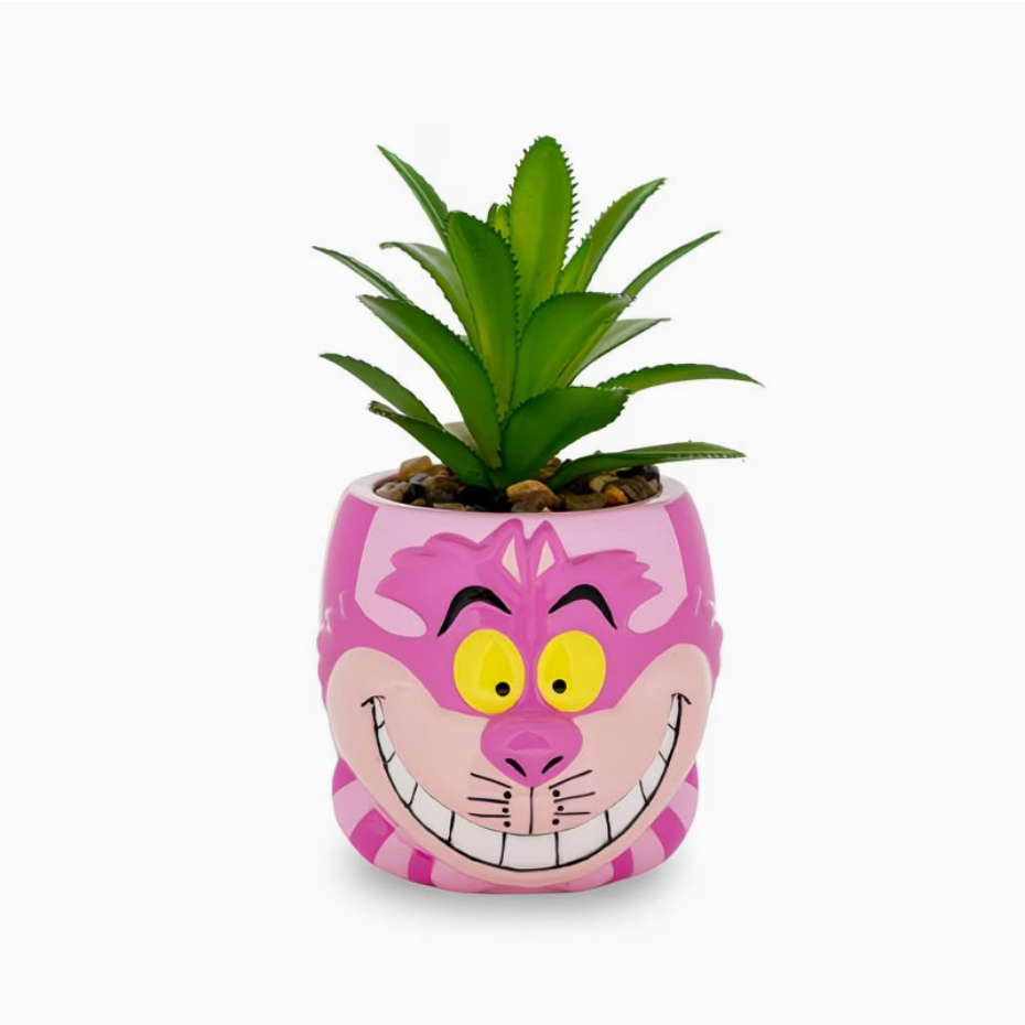 Disney Alice In Wonderland Cheshire Cat 3-Inch Ceramic Mini Planter w/ Artificial Succulent | Small Flower Pot, Faux Indoor Plants For Desk Shelf, Home Decor Trinket Tray - Ambrie