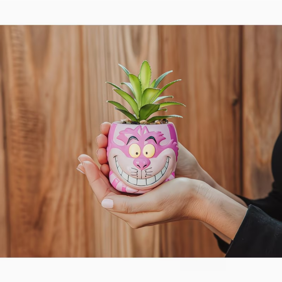 Disney Alice In Wonderland Cheshire Cat 3-Inch Ceramic Mini Planter w/ Artificial Succulent | Small Flower Pot, Faux Indoor Plants For Desk Shelf, Home Decor Trinket Tray - Ambrie