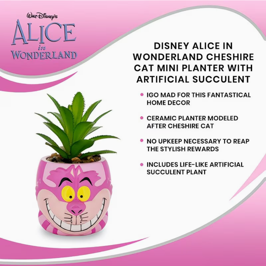 Disney Alice In Wonderland Cheshire Cat 3-Inch Ceramic Mini Planter w/ Artificial Succulent | Small Flower Pot, Faux Indoor Plants For Desk Shelf, Home Decor Trinket Tray - Ambrie
