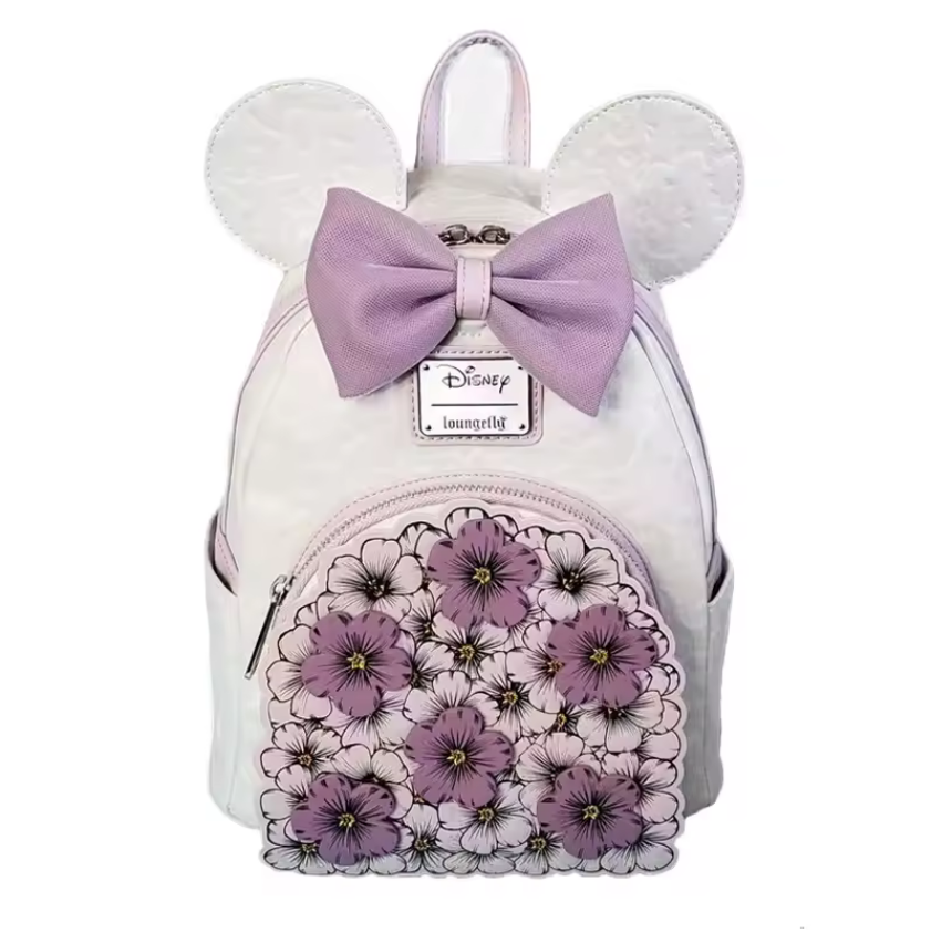 Disney Mini Backpack White With White And Purple Flowers Purple Bow - Ambrie