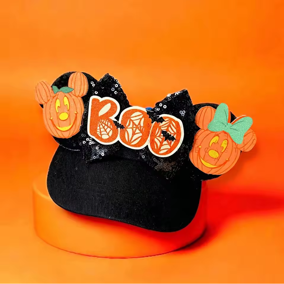 Halloween Pumpkin Mouse Ear Headband – Black Sequin Bow Adult