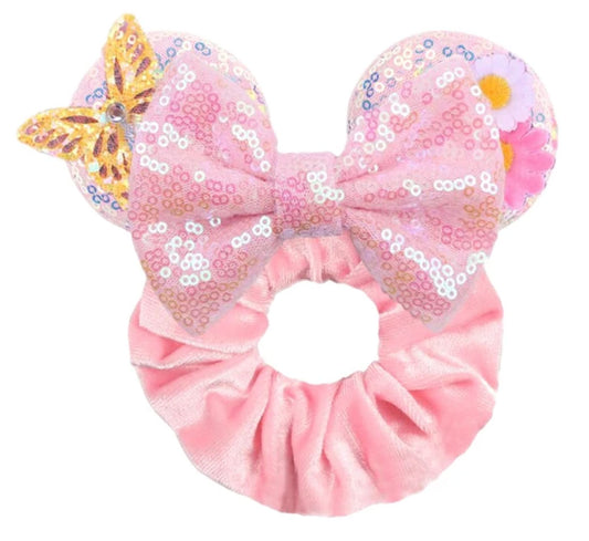 Pink With Butterfly And Flowers Scrunchie