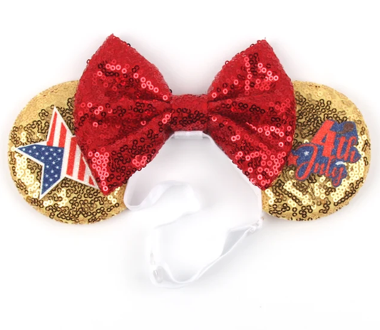 Independence Day Gold With Red Bow Disney Mouse Ears Adjustable Elastic Headband For Babies, Kids, And Adults