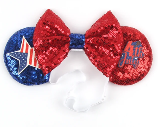 Independence Day Red Bow Disney Mouse Ears Adjustable Elastic Headband For Babies, Kids, And Adults