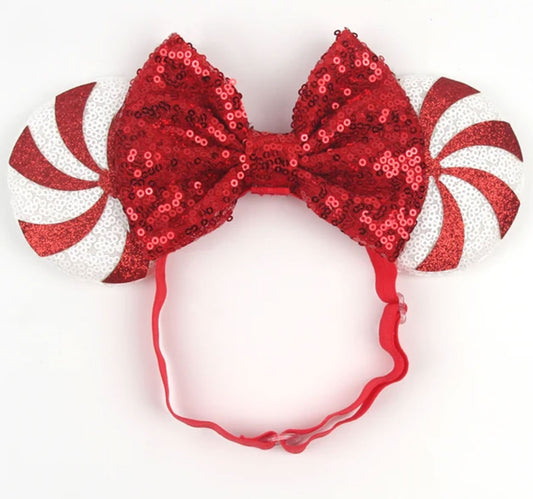 Peppermint Red Bow Disney Mouse Ears Adjustable Elastic Headband For Babies, Kids, And Adults