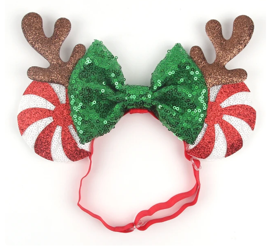 Peppermint And Antlers Disney Mouse Ears Adjustable Elastic Headband For Babies, Kids, And Adults