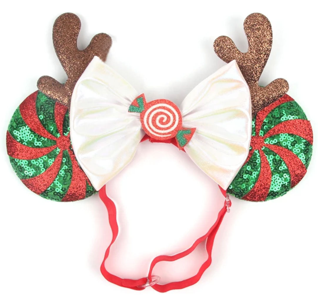 Christmas Antlers White Bow Disney Mouse Ears Adjustable Elastic Headband For Babies, Kids, And Adults