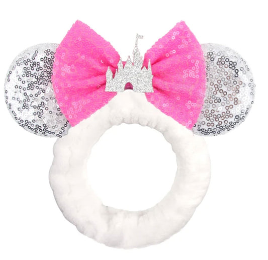 Disney White With Silver Castle Pink Bow Headband Ears