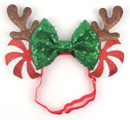 Christmas Antlers Green Bow Disney Mouse Ears Adjustable Elastic Headband For Babies, Kids, And Adults