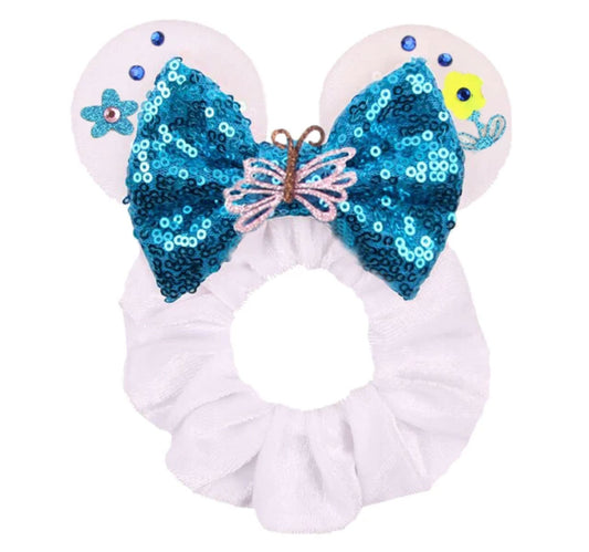 White With Blue Bow And Butterfly Scrunchie