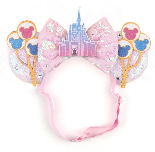 Pink Castle And Balloons Disney Mouse Ears Adjustable Elastic Headband For Babies, Kids, And Adults