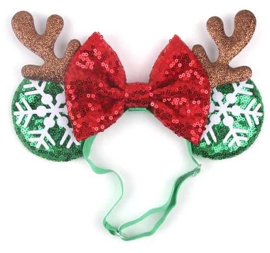 Christmas Antlers Red Bow Disney Mouse Ears Adjustable Elastic Headband For Babies, Kids, And Adults