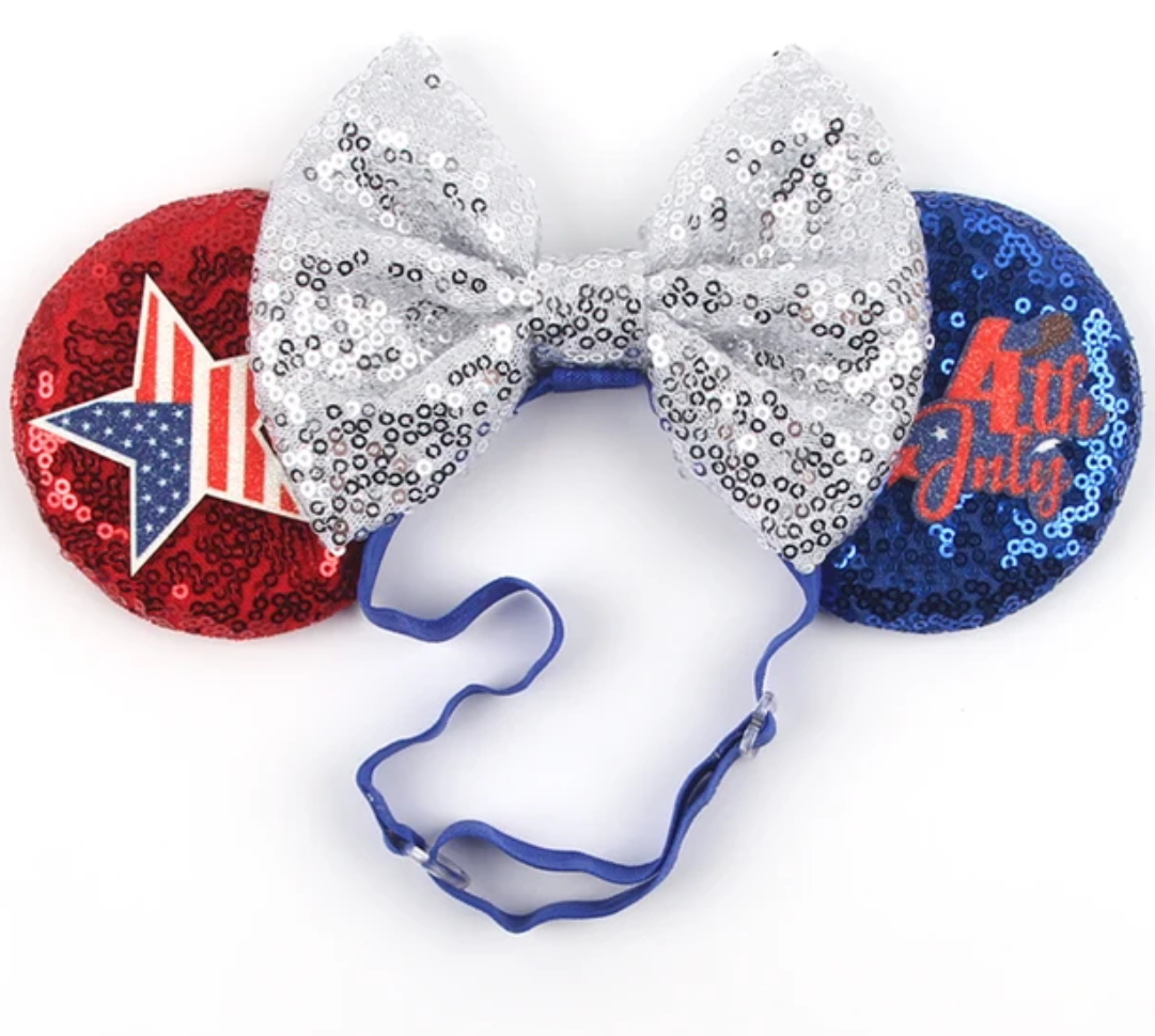 Independence Day Silver Bow Disney Mouse Ears Adjustable Elastic Headband For Babies, Kids, And Adults