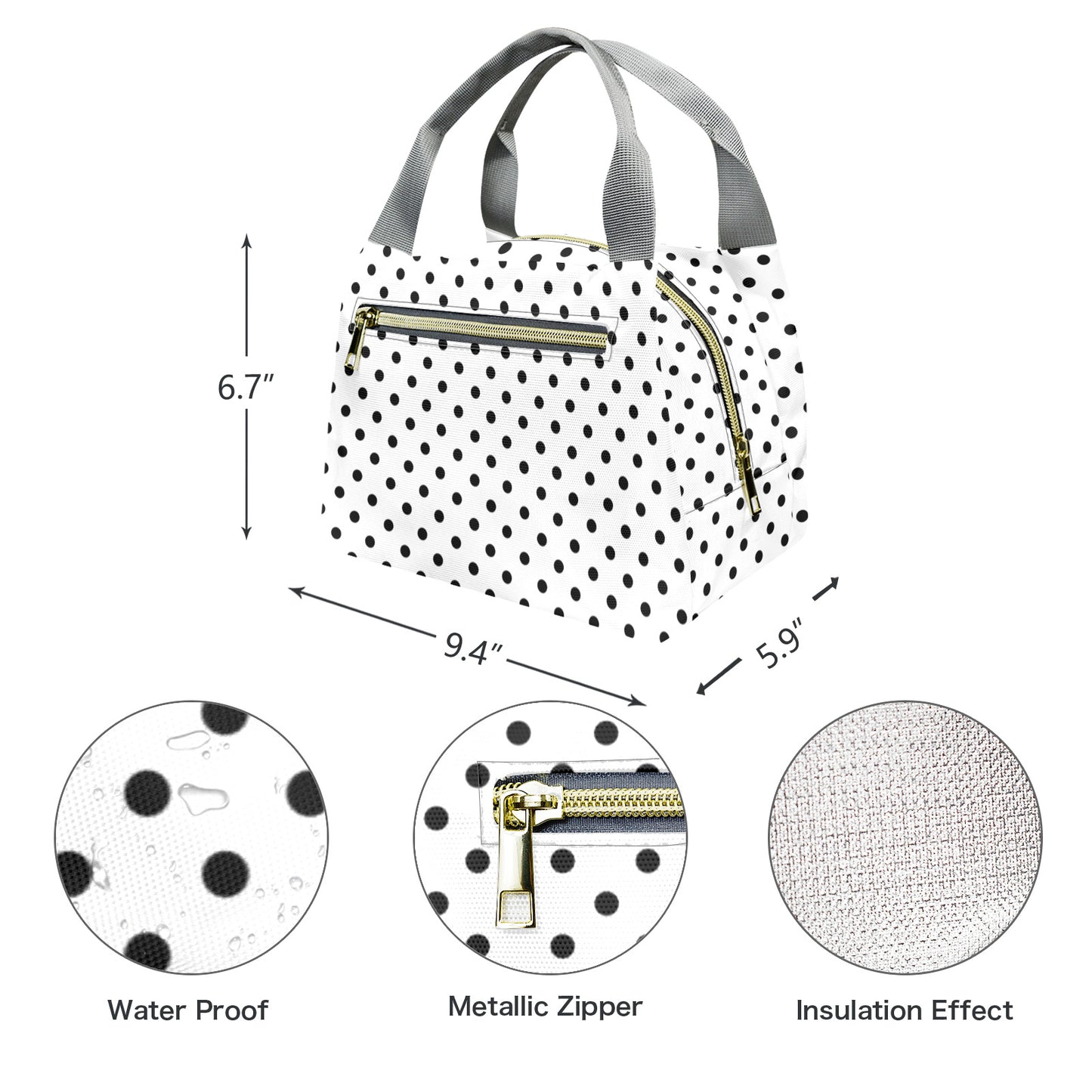 White With Black Polka Dots Portable Lunch Bag