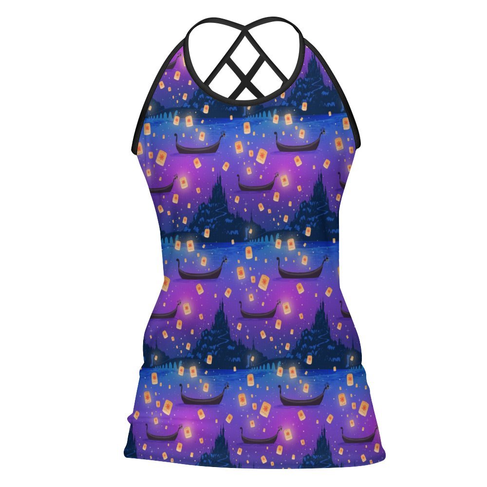 Disney Tangled Rapunzel Floating Lanterns Women's Criss-Cross Open Back Tank Top