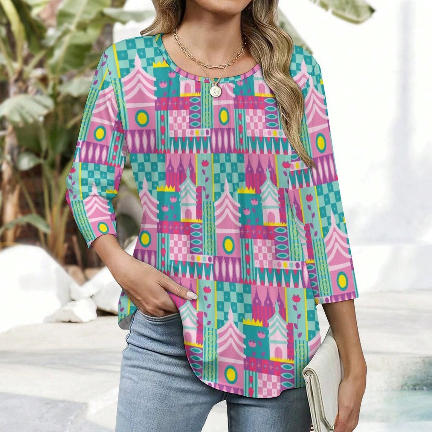 Small World Women's 3/4 Sleeve Pleated Tunic Top - Ambrie