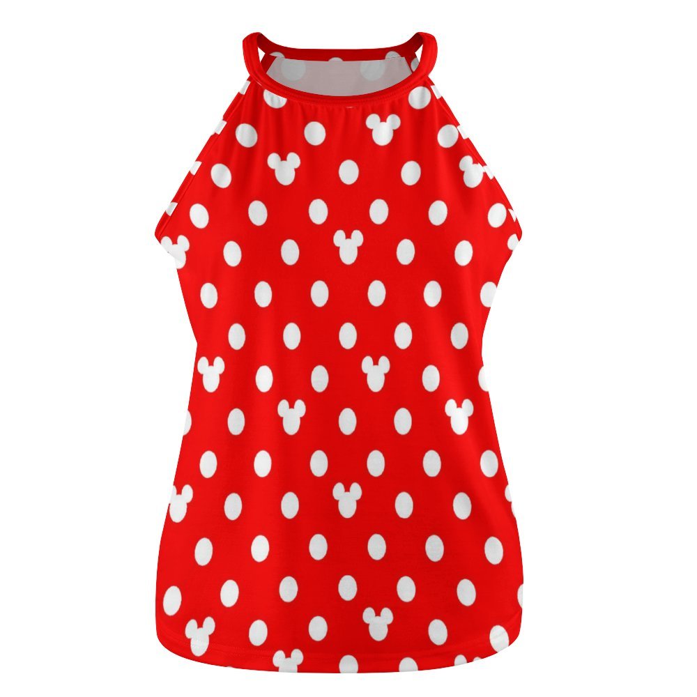 Red With White Mickey Polka Dots Women's Round-Neck Vest Tank Top