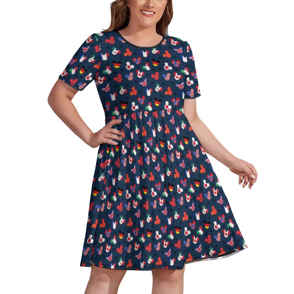 Mickey Flags Women's Round Neck Plus Size Dress With Pockets