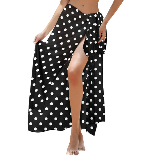 Black With White Polka Dots Long Beach Sarong Wrap