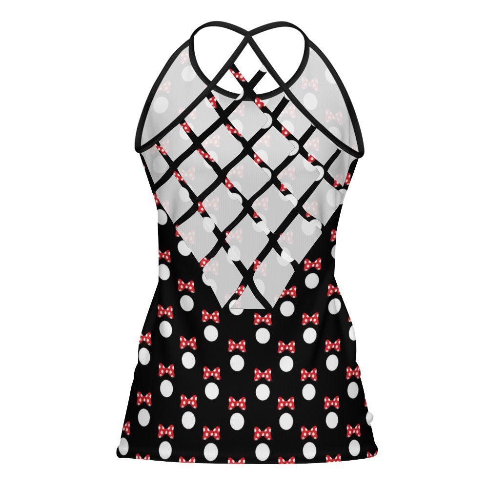 Polka Dot With Red Bow Women's Criss-Cross Open Back Tank Top