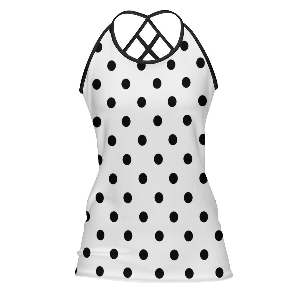 White With Black Polka Dots Women's Criss-Cross Open Back Tank Top