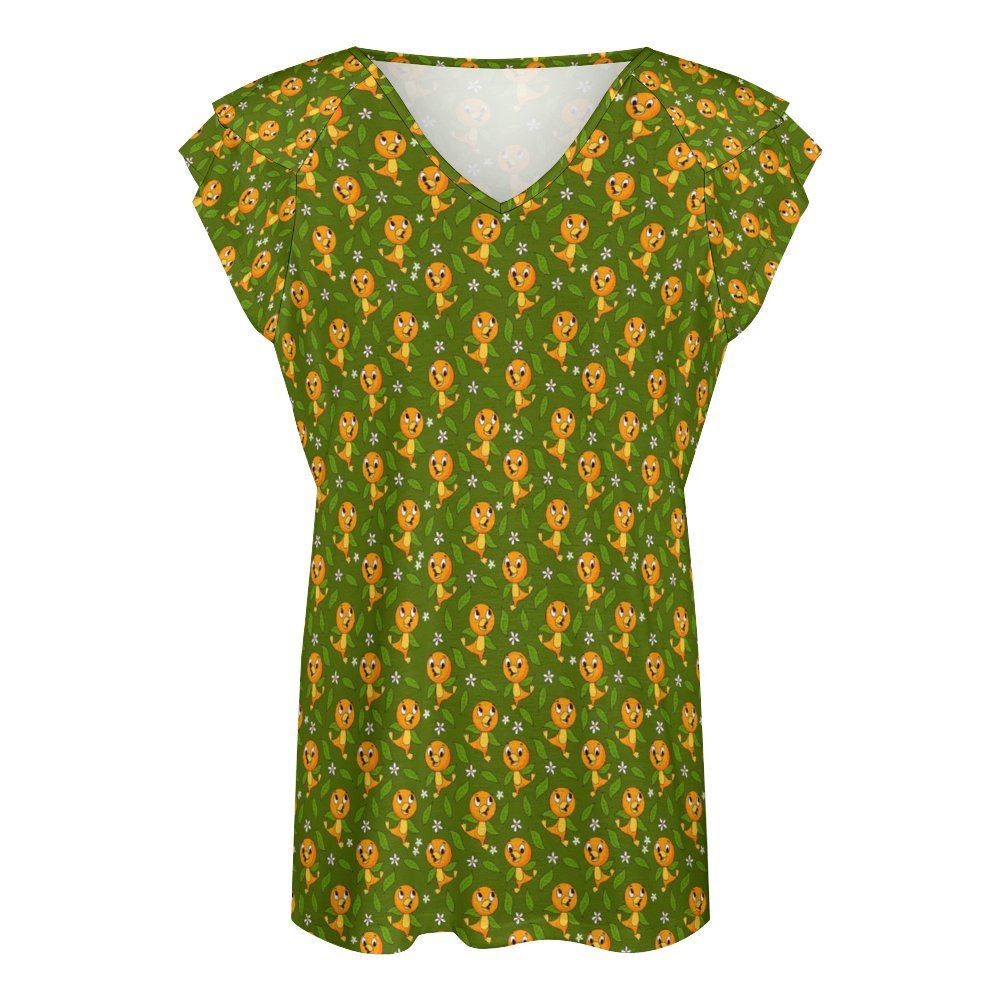 Orange Bird Women's Ruffle Sleeve V-Neck T-Shirt