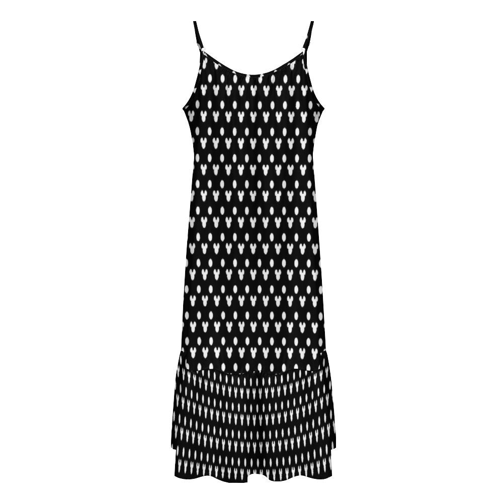 Black With White Mickey Polka Dots Suspender Sleeveless Dress