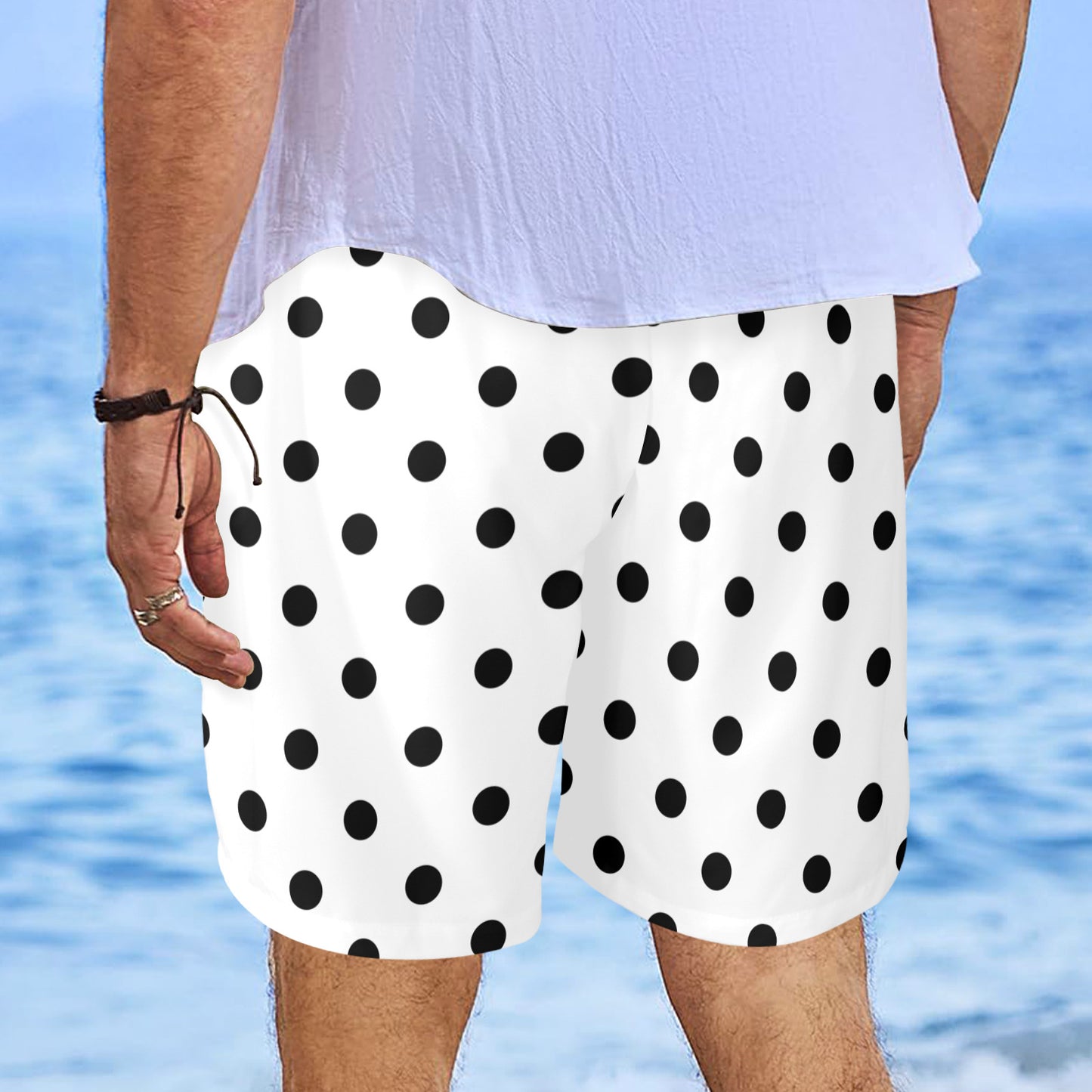 White With Black Polka Dots Men's Swim Trunks Swimsuit