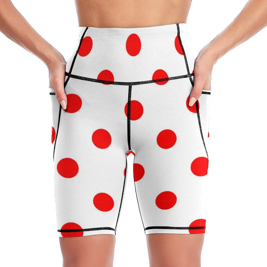 White With Red Polka Dots Women's Knee Length Athletic Yoga Shorts With Pockets