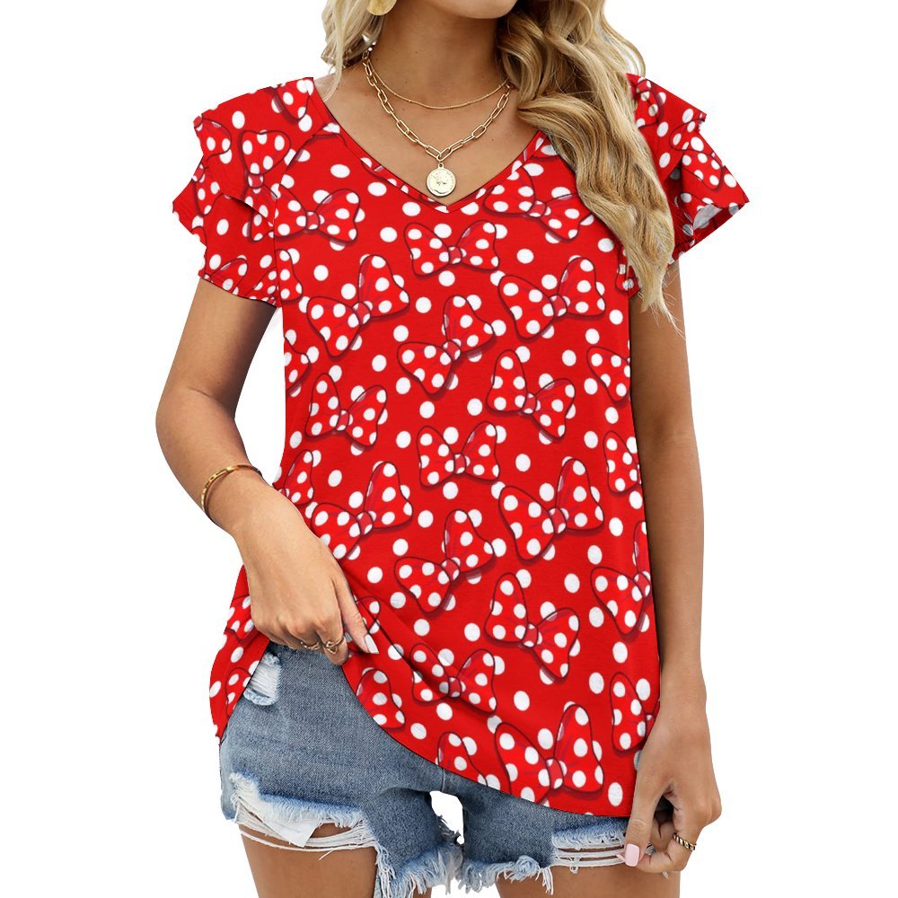 Red With White Polka Dot And Bows Women's Ruffle Sleeve V-Neck T-Shirt