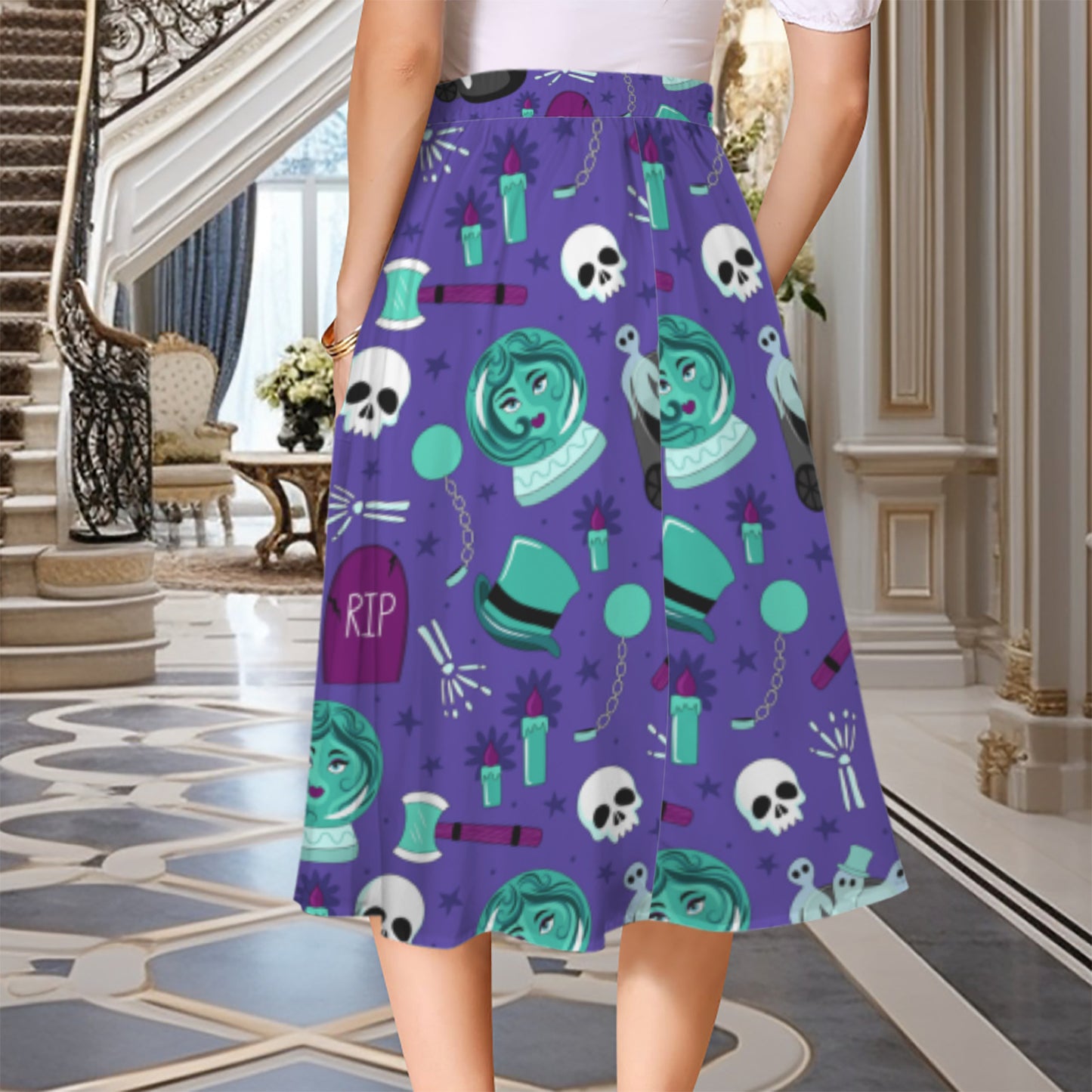 Haunted Mansion Characters Elastic Waist Midi Skirt With Pockets