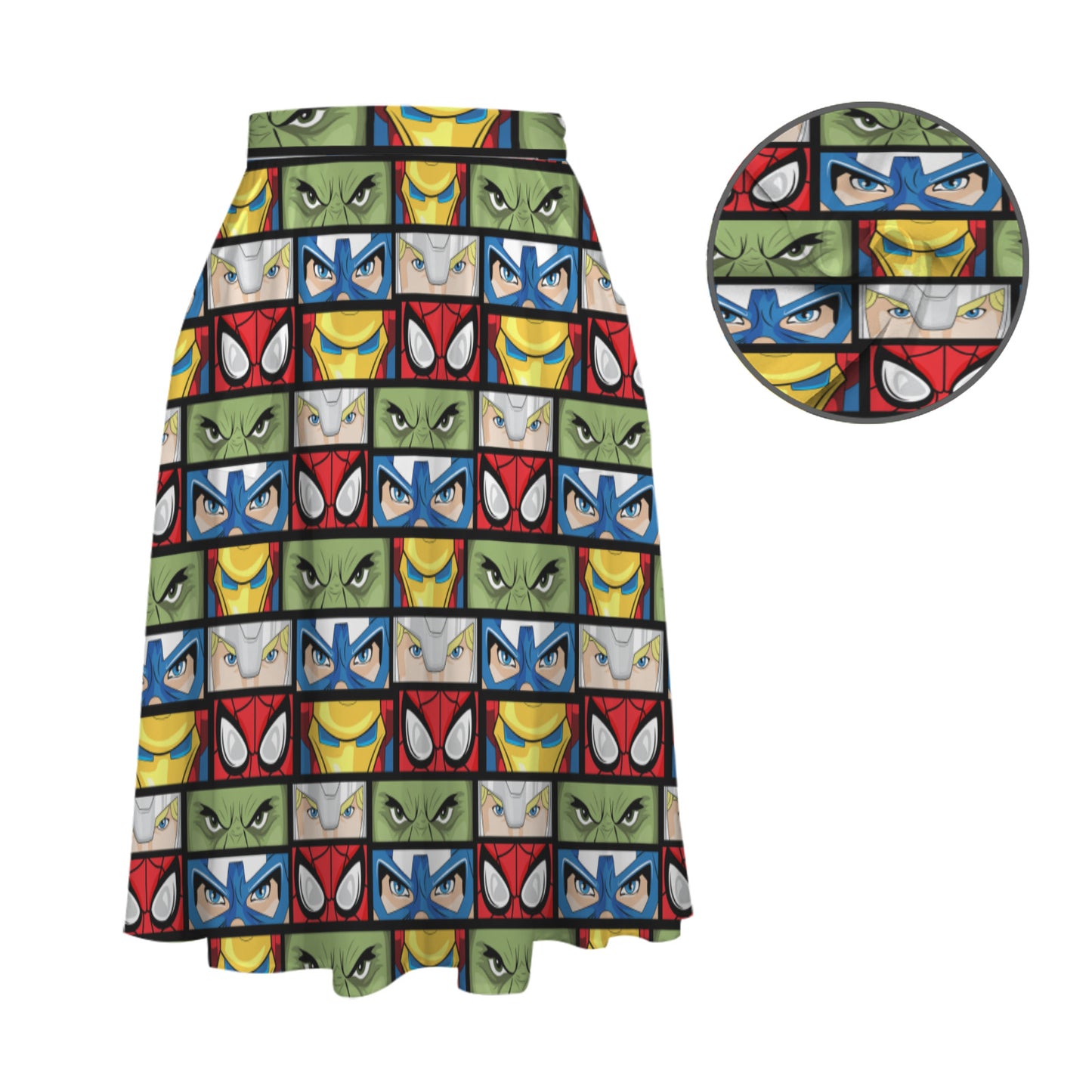 Super Heroes Eyes Elastic Waist Midi Skirt With Pockets