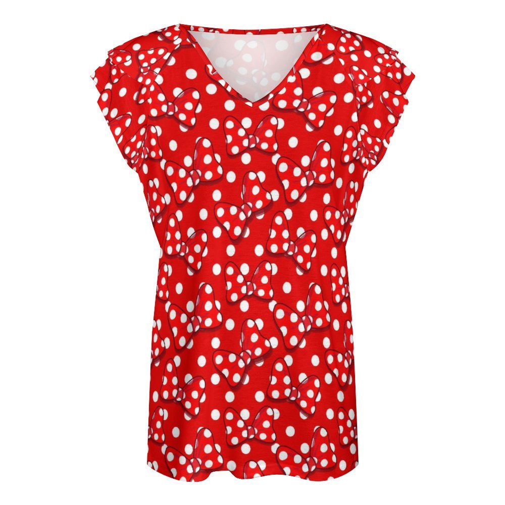 Red With White Polka Dot And Bows Women's Ruffle Sleeve V-Neck T-Shirt