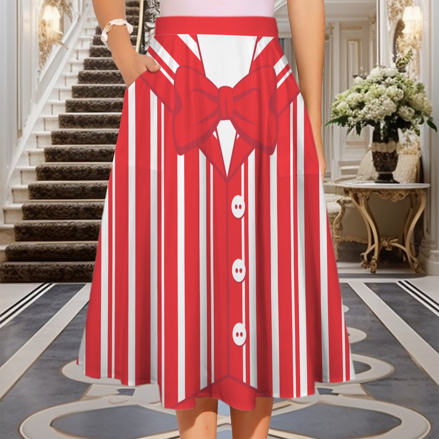 Dapper Dan Red Elastic Waist Midi Skirt With Pockets
