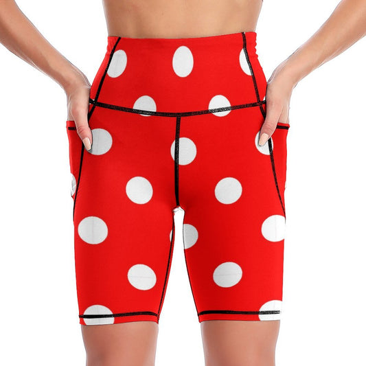 Red With White Polka Dots Women's Knee Length Athletic Yoga Shorts With Pockets