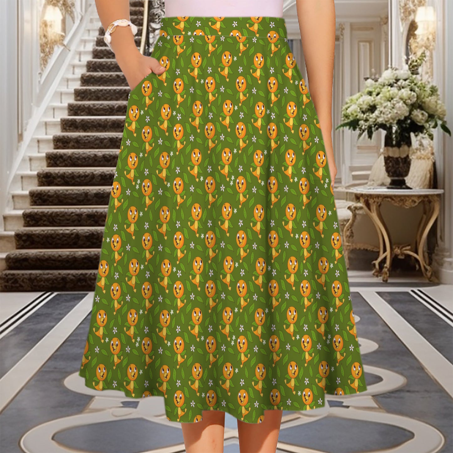 Orange Bird Elastic Waist Midi Skirt With Pockets