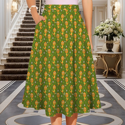 Orange Bird Elastic Waist Midi Skirt With Pockets
