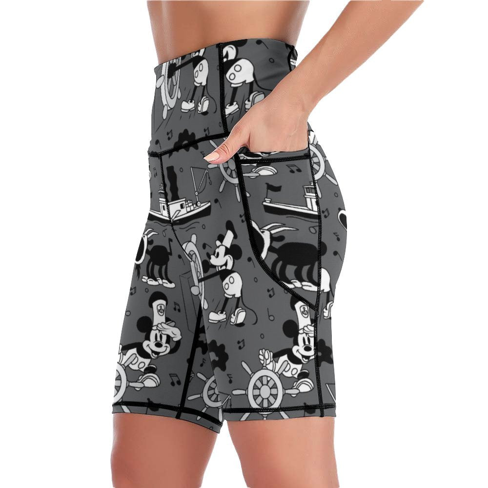 Steamboat Mickey Women's Knee Length Athletic Yoga Shorts With Pockets